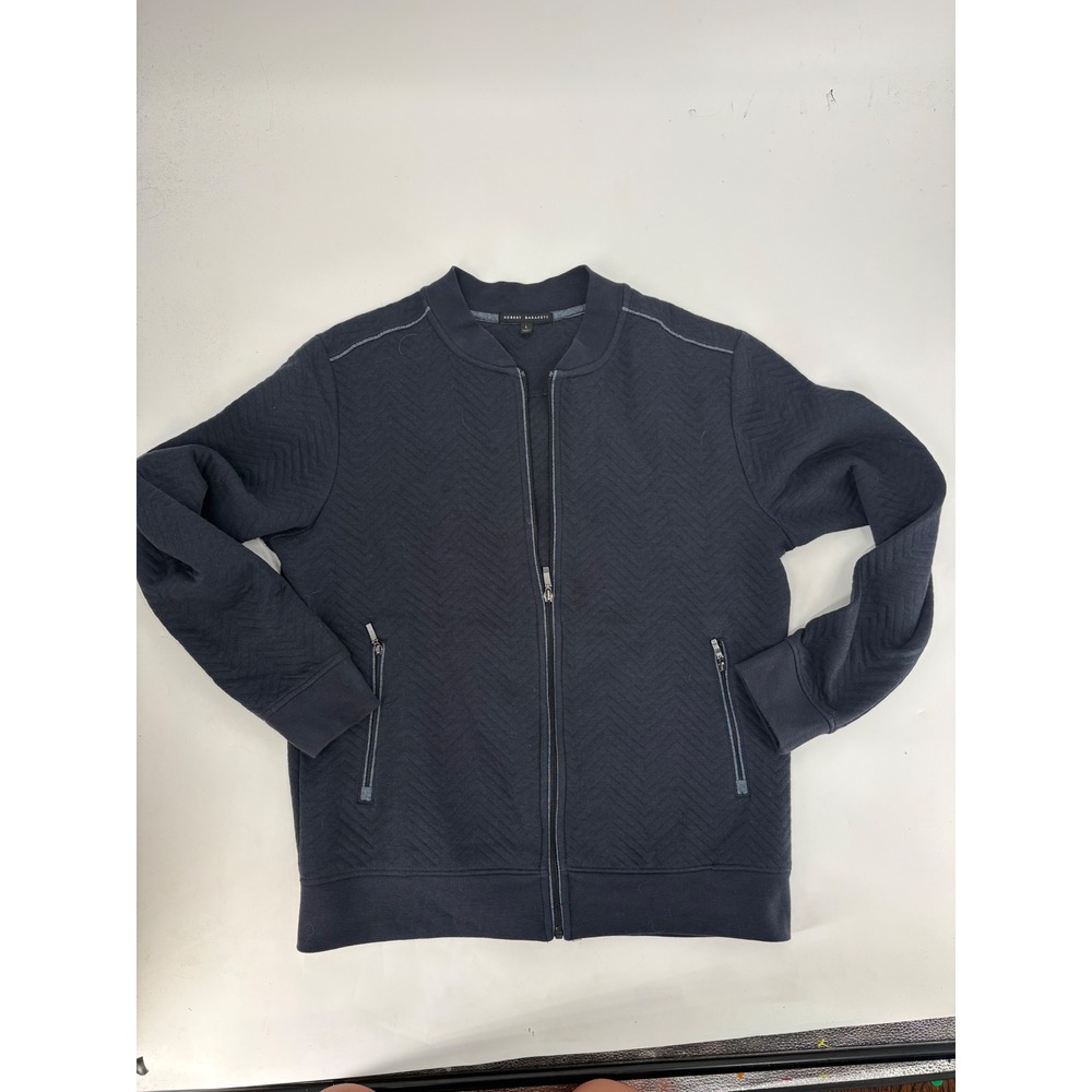 Robert Barakett Mens Navy Blue Chevron Quilted Full Zip Bomber Jacket Large